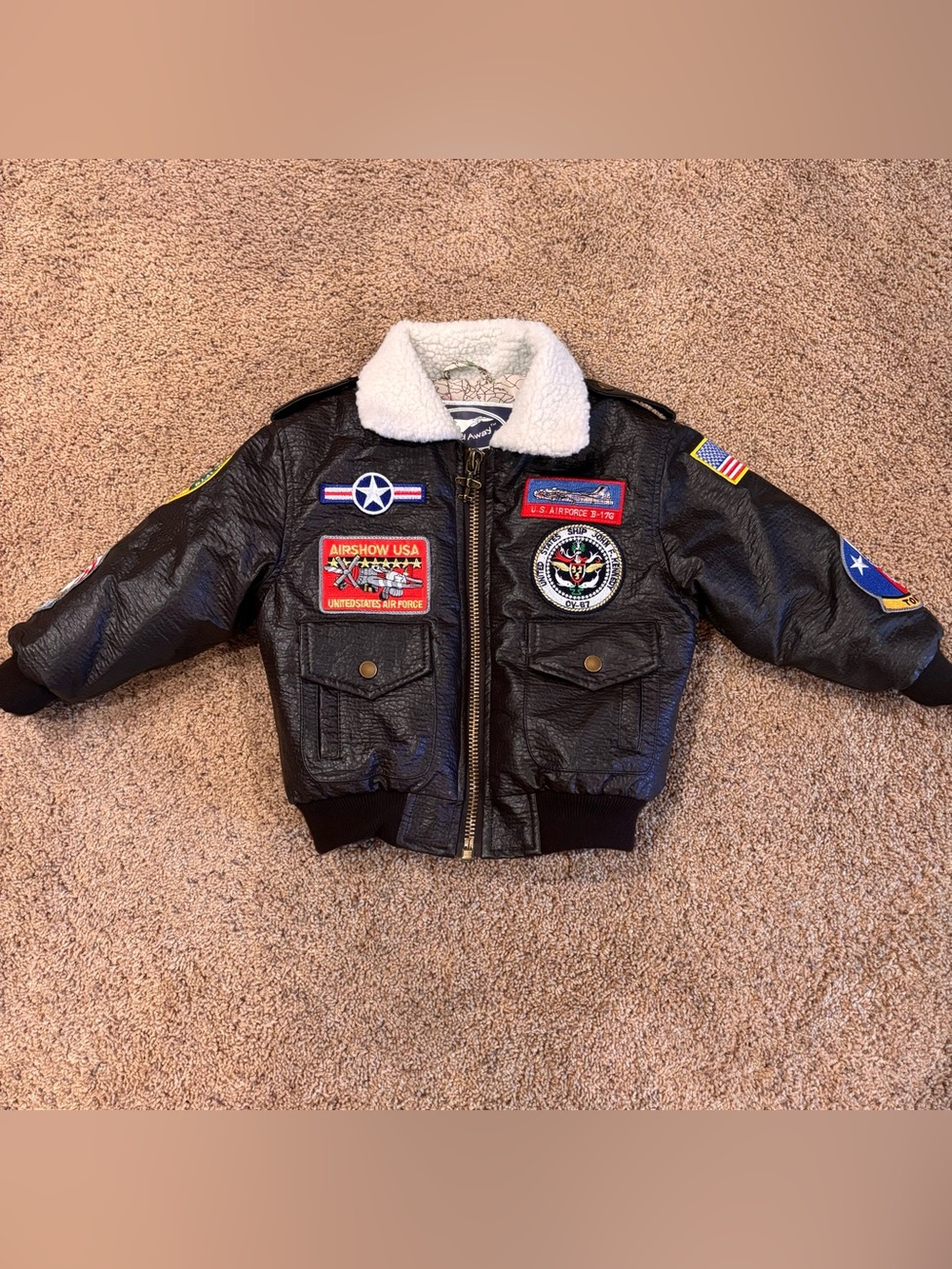 Kids Black Aviator Jacket with Sherpa Collar - Patch Detail, size 4-5.